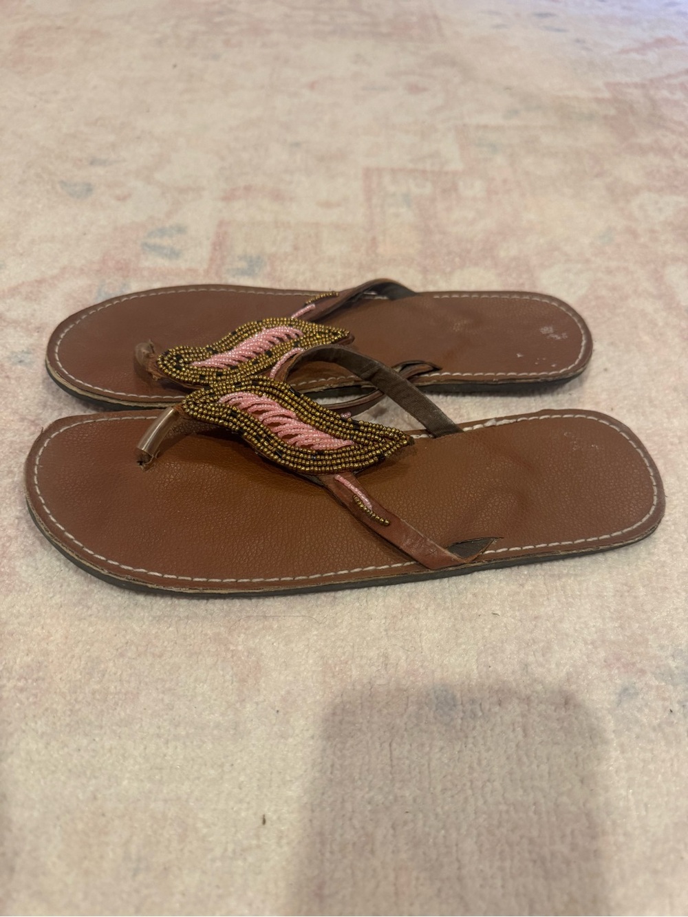 Hand Beaded Kenyan Brown Beaded Women's Flip Flop Sandals with Pink Accent